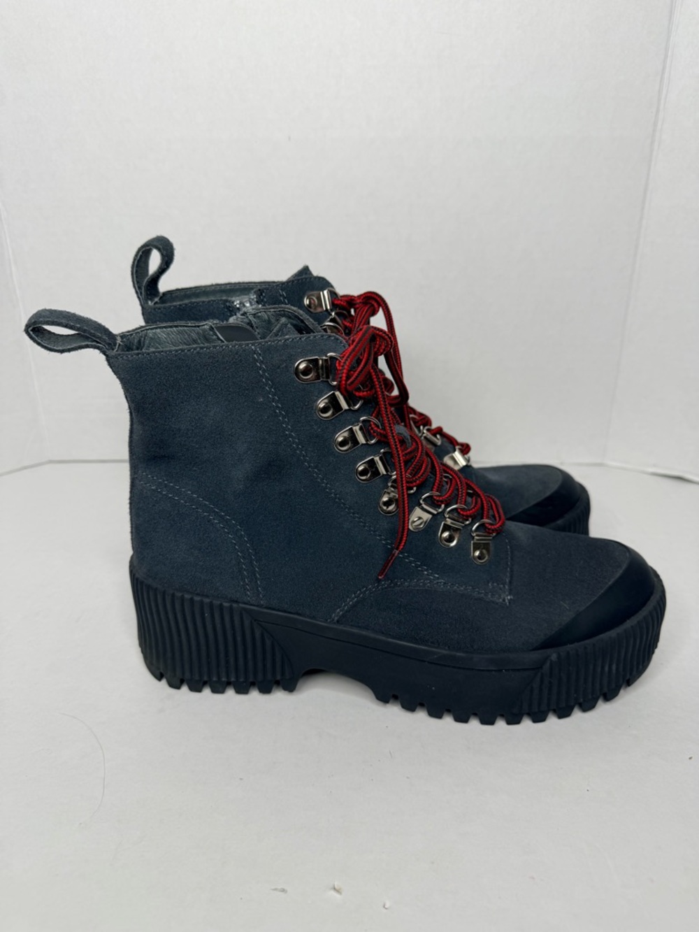 Jeffrey Campbell Finches Dark Grey Suede Combat Boots with Red Laces Size 8
